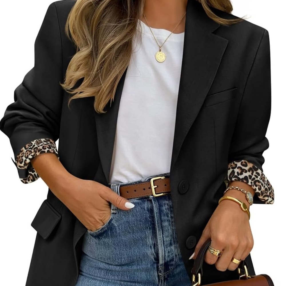 Elegant Black Blazer with Leopard Print Cuffs
